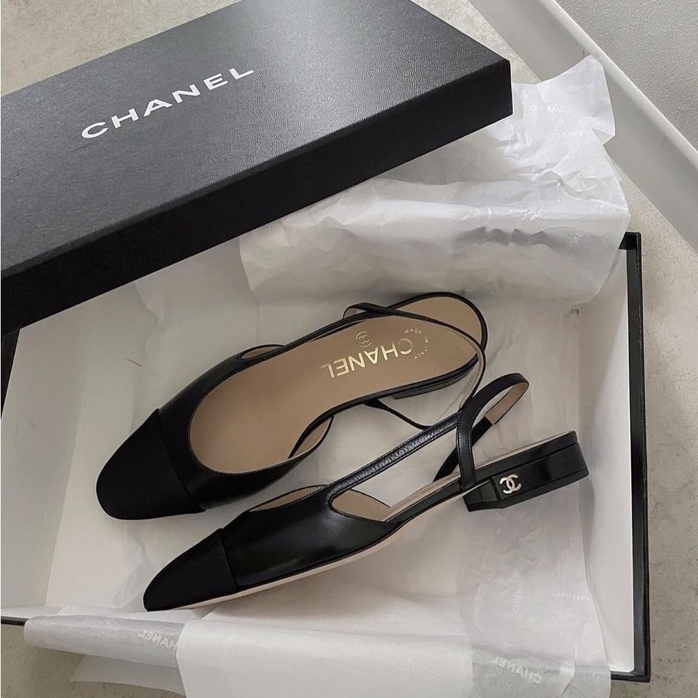 Goatskin Grosgrain Cap Toe CC Slingback Ballerina Flats in Black FR 38 / US 7 - Picture 3 of 15